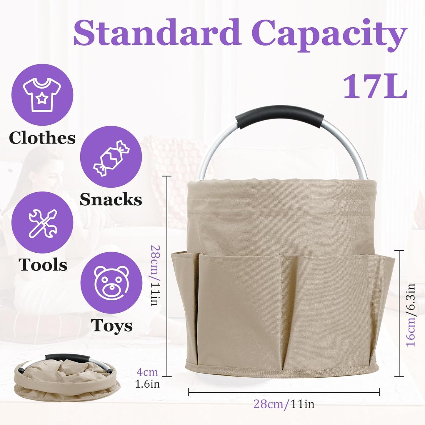 17L Cleaning Supply Caddy with Soft Handle, Portable Shower Caddy in 600D Oxford Fabric, Garden Tool Organizer Bag, Multifunctional Storage Basket for Bathroom, Garden, Khaki