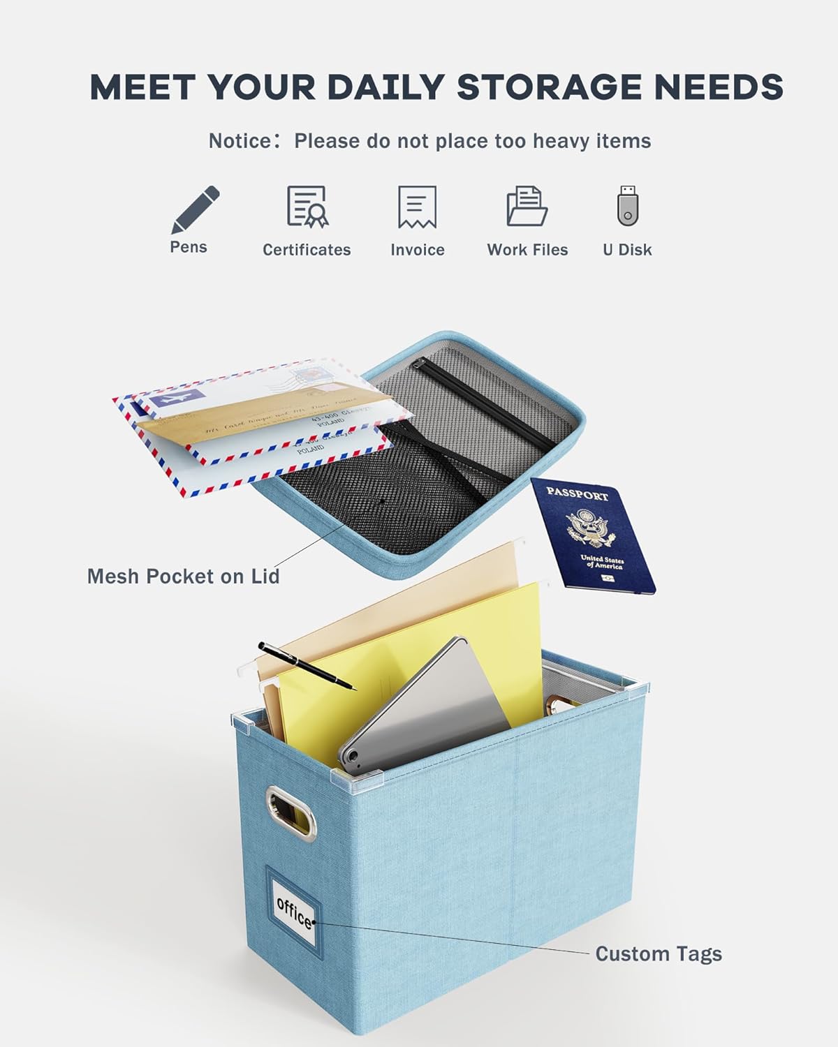 Oterri File Organizer Box with Lid, Hanging Filing File Box with Mesh Pocket, Document Organizer Box for Letter Files, Portable Storage Box with Smooth Sliding Rail for Office&Home (2 PCS, Sky-blue)