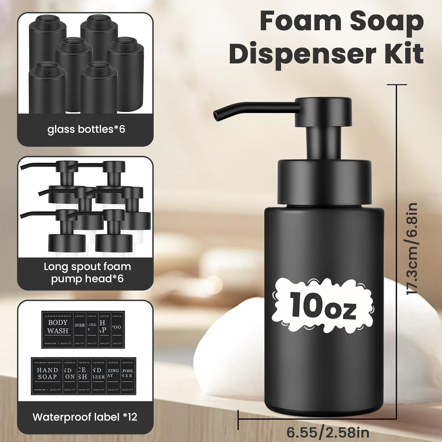6 Pack 10 OZ Glass Foaming Soap Dispenser for Bathroom & Kitchen Foaming Hand Soap Dispenser with Labels Dispenser for Liquid Soap,Shampoo,Body Wash,Dish Soap,Black