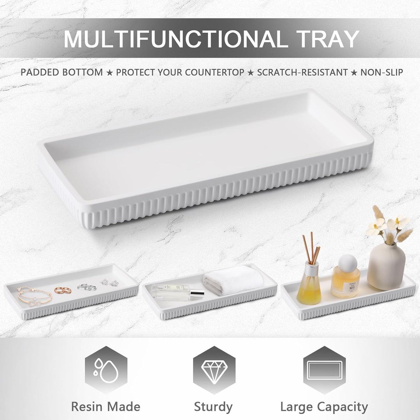 Resin White Bathroom Accessories Set 5 Pcs, Lotion Soap Dispenser, Toothbrush Holder, Bathroom Tumbler, Qtip Holder and Vanity Tray, Bathroom Countertop Organizer Set for Modern Home Apartment