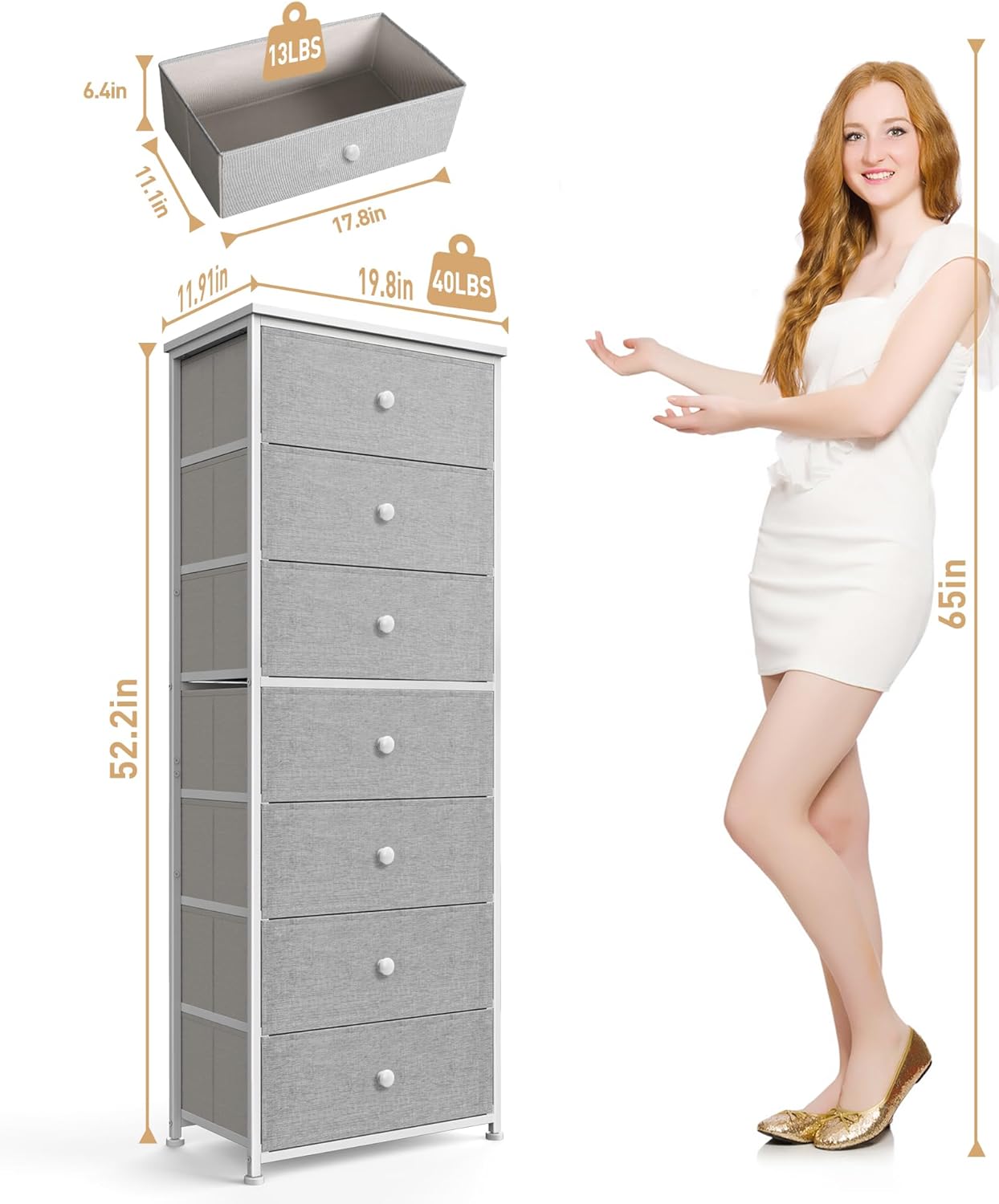 Tall Fabric Dresser for Bedroom, Vertical Storage Organizer Tower with 7 Drawers, Chest of Drawers with Bins, Steel Frame, Wood Top for Bedroom, Closet, Entryway Light Grey