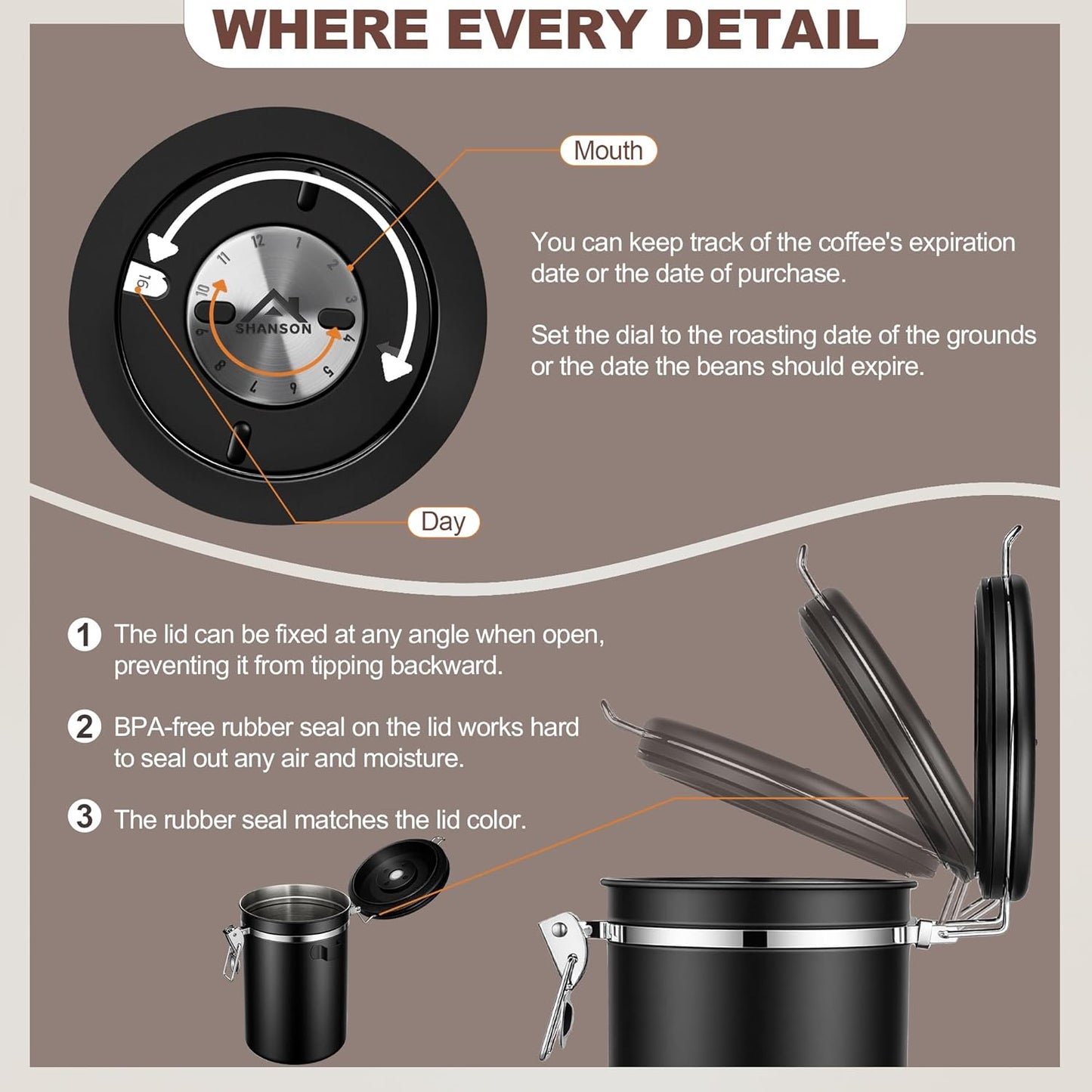 ShanSon Coffee Canister Airtight Coffee Container Stainless Steel Coffee Bean Storage Container with Scoop Coffee Canister for Beans Grounds Sugar Flour Tea Cereal,16OZ, Black