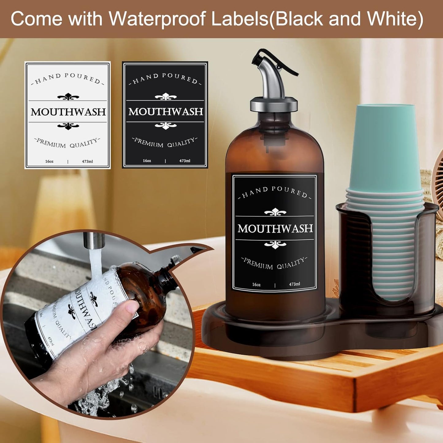 Amber Glass Mouthwash Dispenser with Cup Holder for Bathroom, 16oz Refillable Mouthwash Bottles Container with Tray, Funnel and 2 Waterproof Labels