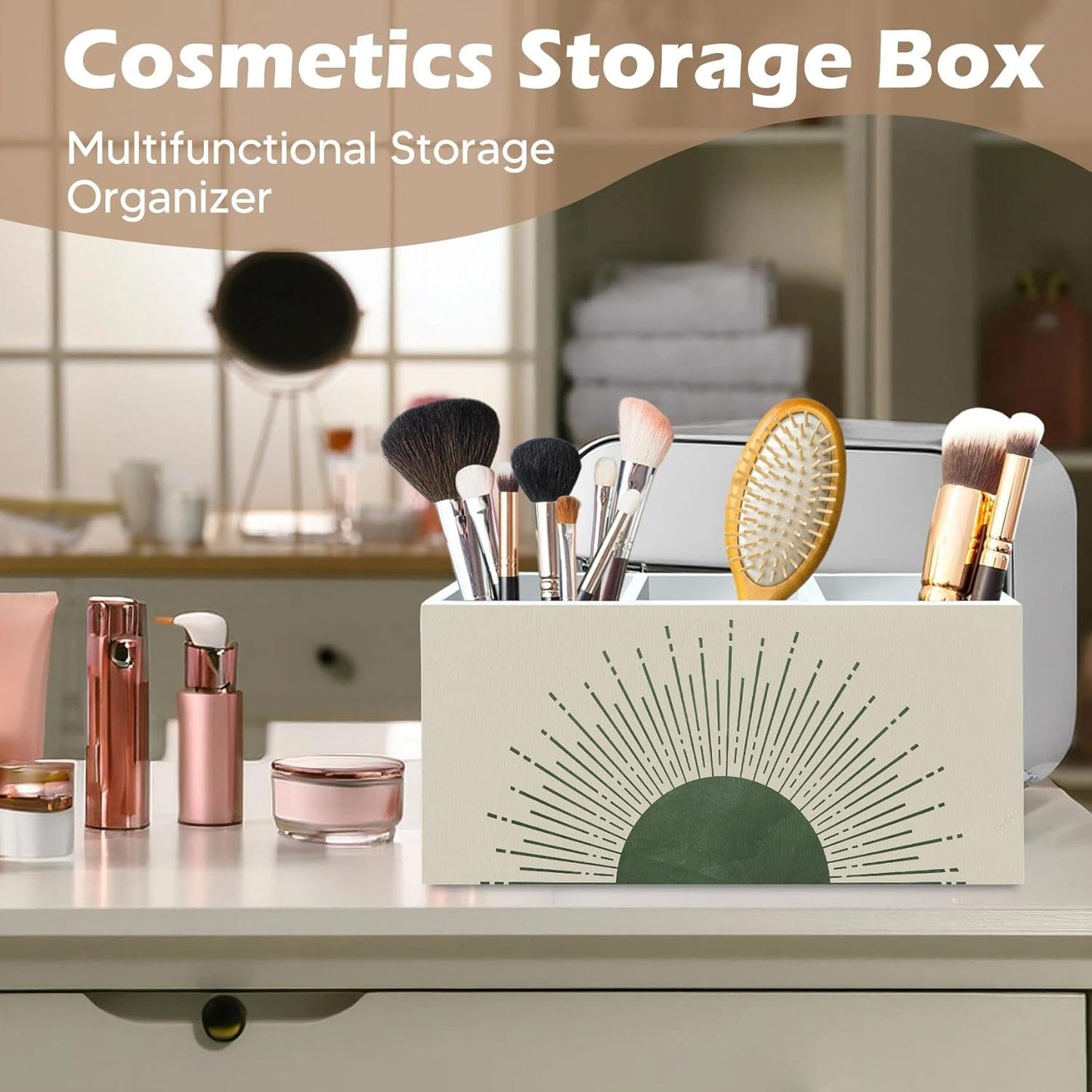 DILSJ Boho Abstract Sunshine Pen Pencil Holder Organizer for Desk, Boho Office Decor, Sage Green Mid Century Modern Minimalist Sun Sunshine Wooden Box Signs for Home Office Desk Tabletop Decoration