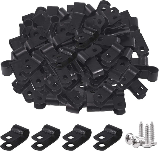 Glarks 120Pcs 1/4 Inch Black Nylon Screw Mounting R-Type Cable Clip Wire Clamp with 120Pcs Screws for Wire, Cable, Conduit and Cable Conduit Kit (Black)