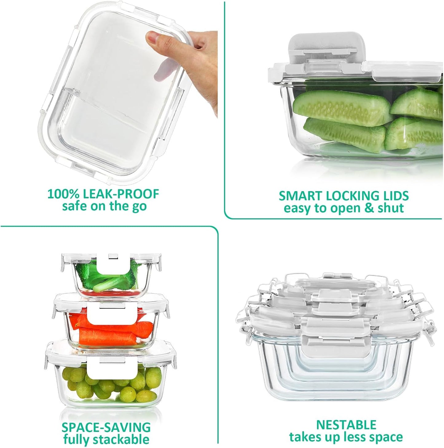 KOMUEE 24 Pieces Glass Food Storage Containers Set,Glass Meal Prep Containers-Stackable Airtight Glass Storage Containers with lids,Freezer, Microwave, Oven Safe,White