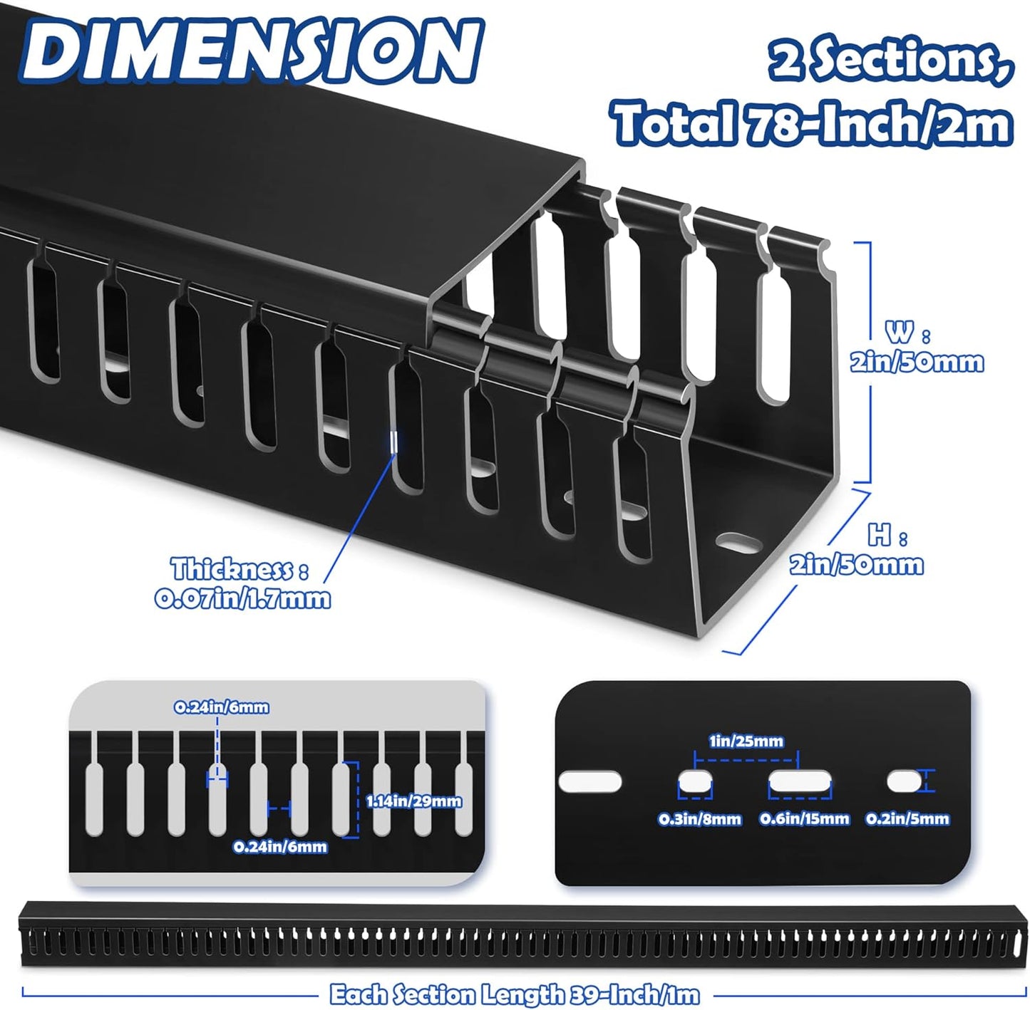 ZhiYo 2x2inCable Raceway, 6.6ft (2xL3.3ft) Server Rack Cable Management Under Desk Cord Organizer, Electrical Safe PVC Cable Channel Open Slot Wire Raceway for Network/PC/TVs, Wire Duct Black