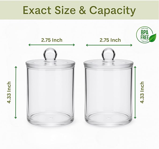 Acrylic Qtip Holder Bathroom Set, Bathroom Containers with Lids, Clear Plastic Apothecary Jars, Q Tip Holder Bathroom Set, Cotton Swab Holder, Cotton Ball Holder (Pack of 2)
