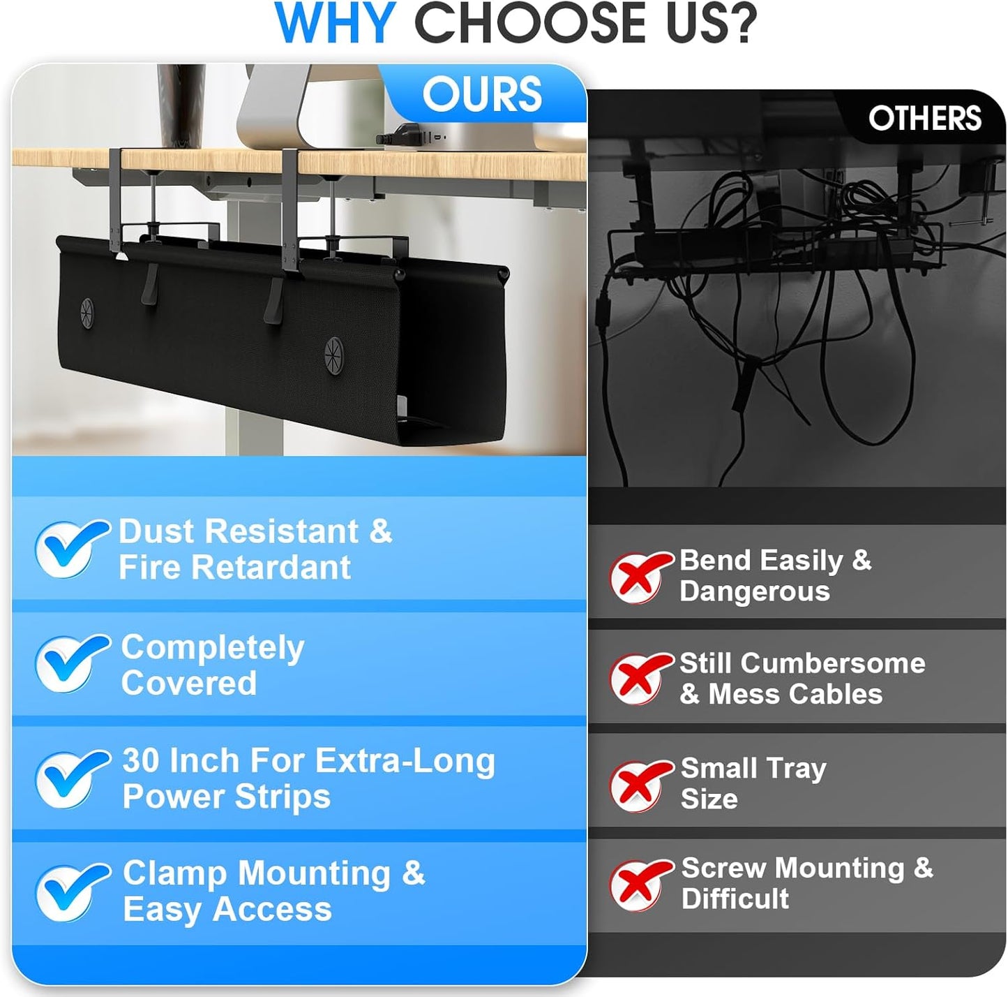 Under Desk Cable Management Tray, 40-inch No-Drill Cord Organizer with Anti-Sag Reinforced Base, Fabric Wire Management Hider for Standing Desk, Office & Gaming Accessories - Black