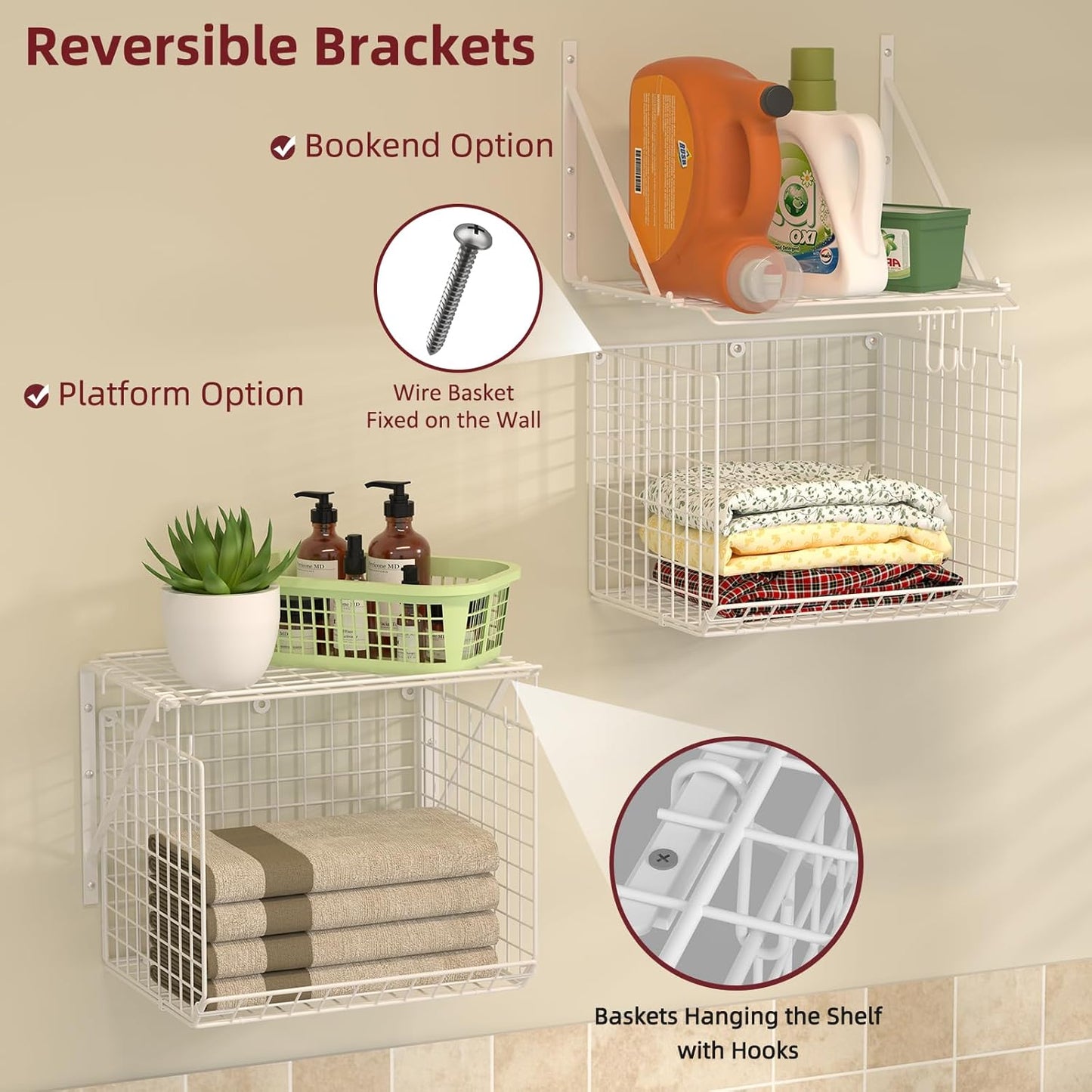 2 Pack Laundry Room Shelves Wall Mounted with Wire Baskets, Over the Washer and Dryer Shelf with Clothes Drying Rack, 8 Hooks，Wire Shelves Baskets for Laundry Closet Organization and Storage, White