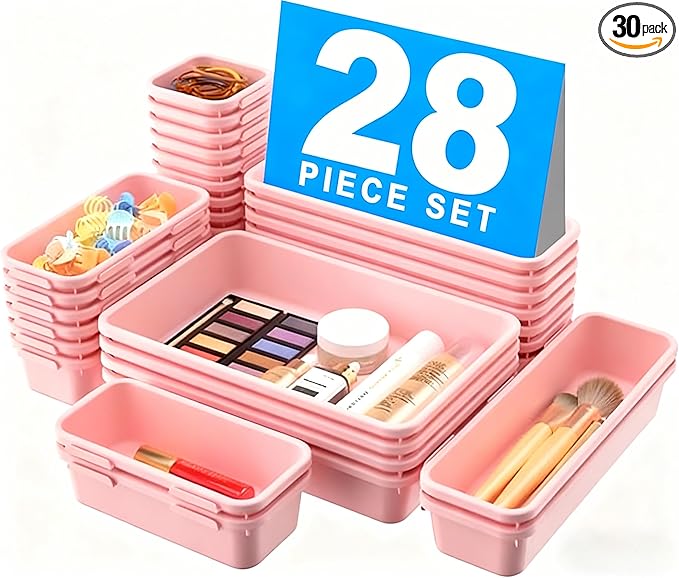 A-LuGei 【𝟮𝟴𝗣𝗖𝗦】 【𝟱𝗦𝗶𝘇𝗲】 Pink Drawer Organizer, Makeup organizer, 【Holds 177 Items】 Bathroom Organizers and Storage, Plastic Desk Organizer Divider, Organizer Bins for Office Vanity