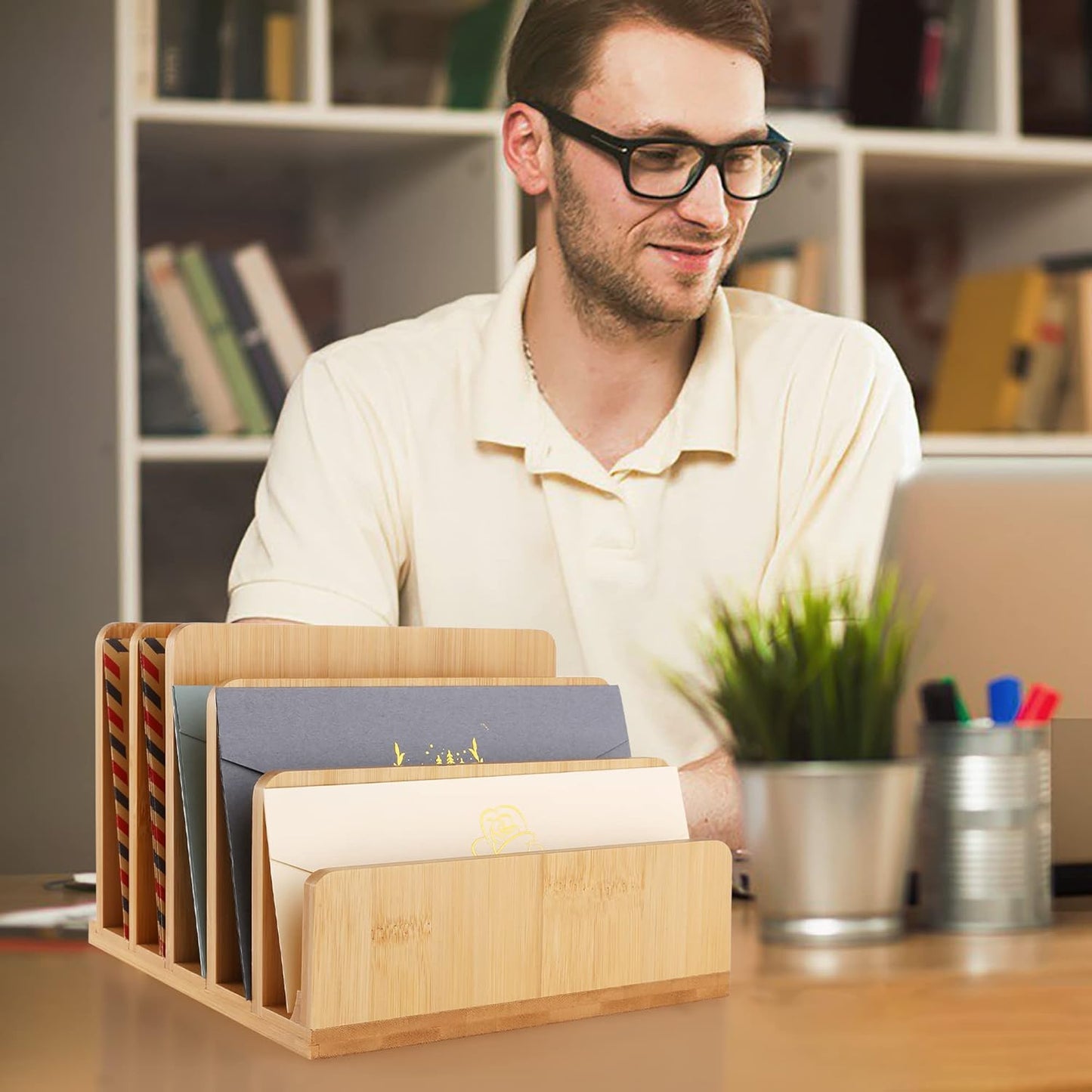 Desk File Mail Organizer Countertop Mail Sorters, Bamboo Desktop Mail Holder, Wood File Paper Holder for Letter Envelope Filing Cell Phone Ipaid, Organizer Tray for Office & Home (5 Slots)