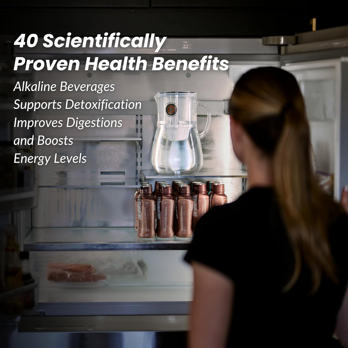 Borosilicate Glass Alkaline Water Pitcher of Life with Stainless Steel Fruit Infuser Glass Water Filter Pitcher with Lid Clearly Filtered Water Pitcher Increases pH NSF/ANSI 42 & 61 Certified Filters