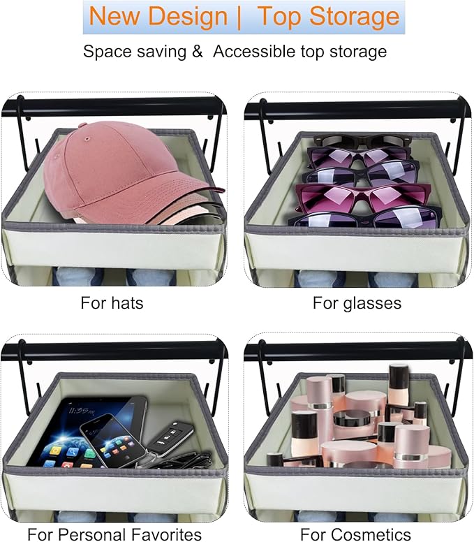 Large-Sized Hanging Shoe Organizer 10-Shelf, Sturdy Hanging Closet Organizer with 8 Side Pockets, Wider Hanging Shelves for Storage Shoes Clothes Jeans Shirts Toys, Beige