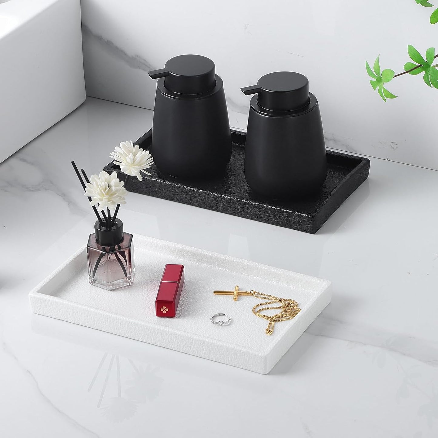 Bathroom Vanity Tray - 11'' Ceramic Rough-Textured Rectangle Countertop Tray, Heavy-Duty Perfume Organizer Plate, Jewelry Ring Tray, Kitchen Soap Dispenser Stone Trays, White