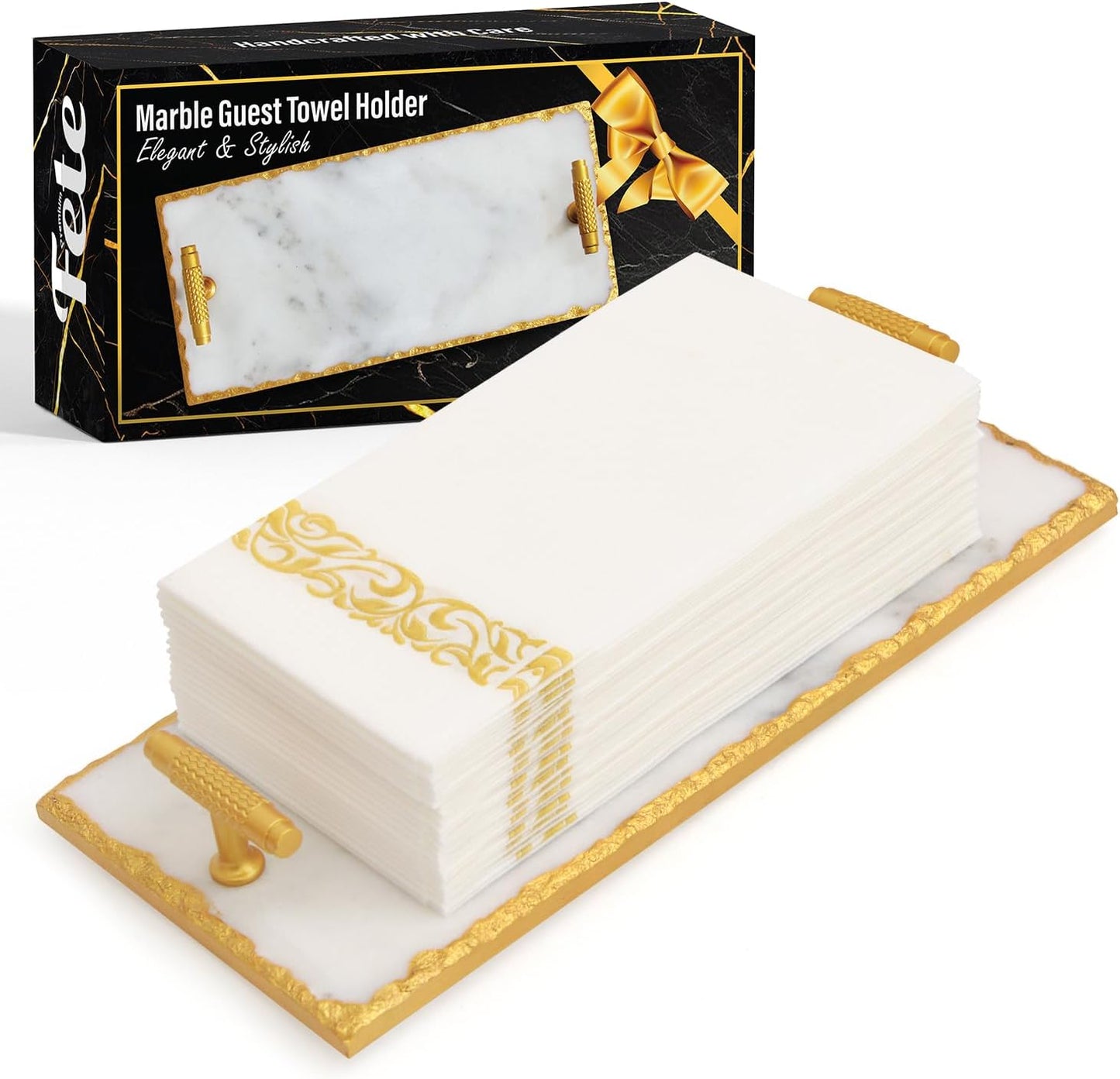 Guest Towel Holder Tray for Bathroom - Premium Marble Tray With Gold Rim - Bathroom Hand Towel Tray, The Perfect Vanity Tray for Bathroom.