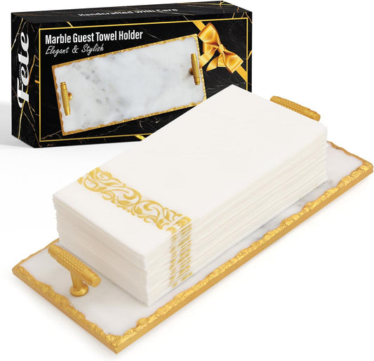 Guest Towel Holder Tray for Bathroom - Premium Marble Tray With Gold Rim - Bathroom Hand Towel Tray, The Perfect Vanity Tray for Bathroom.