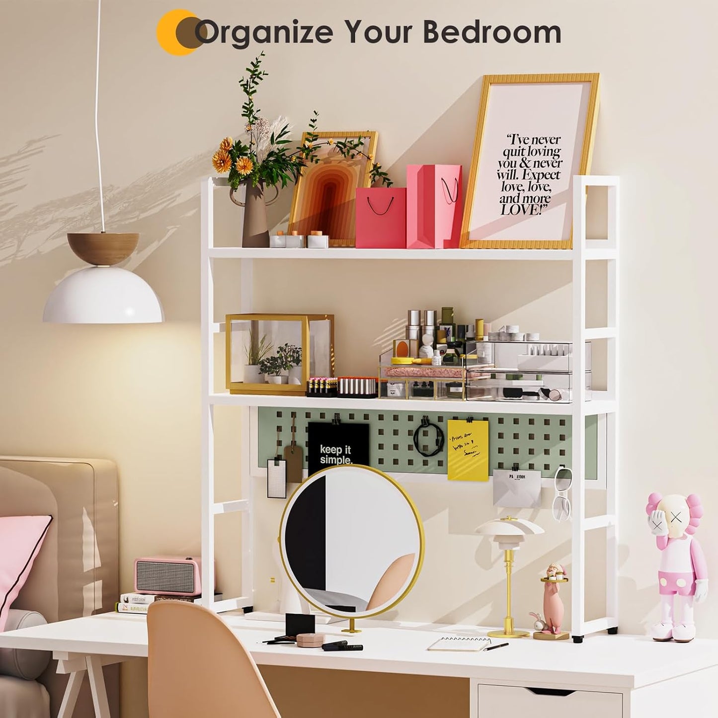 Desk Shelf, 35.43" Desk Hutch Bookshelf, Desktop Shelf with Pegboard for Computer Monitor, Metal Desktop Hutch Storage Organizer for Dorm Home Office, 2 Tier Bookcase, White