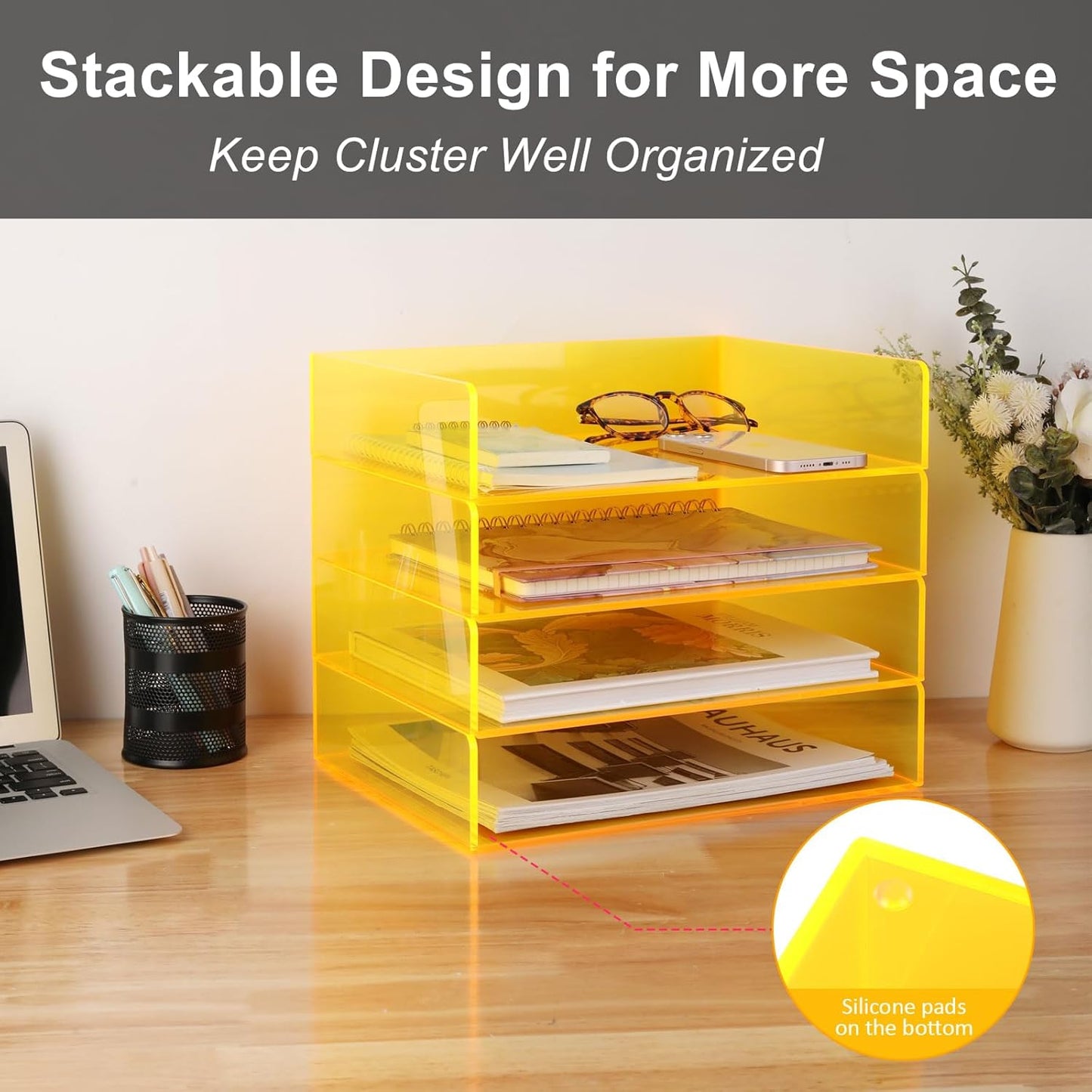 Acrylic File Organizer for Desk 4 Tiered Stackable Letter Tray Office Paper Storage Desktop Document Sorter, Neon Yellow