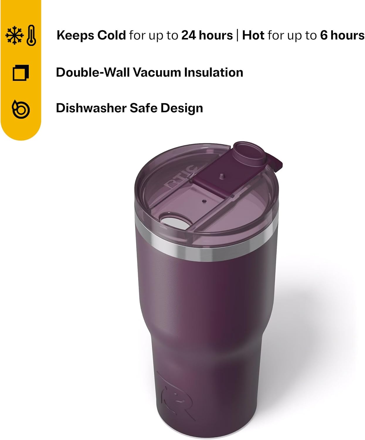 RTIC 30oz Essential Tumbler with Lid, Ceramic Lined, Insulated, Stainless Steel, Metal, Double Wall Vacuum-Insulation, Travel Cup for Iced Coffee, Tea, Hot and Cold Drink, Plum