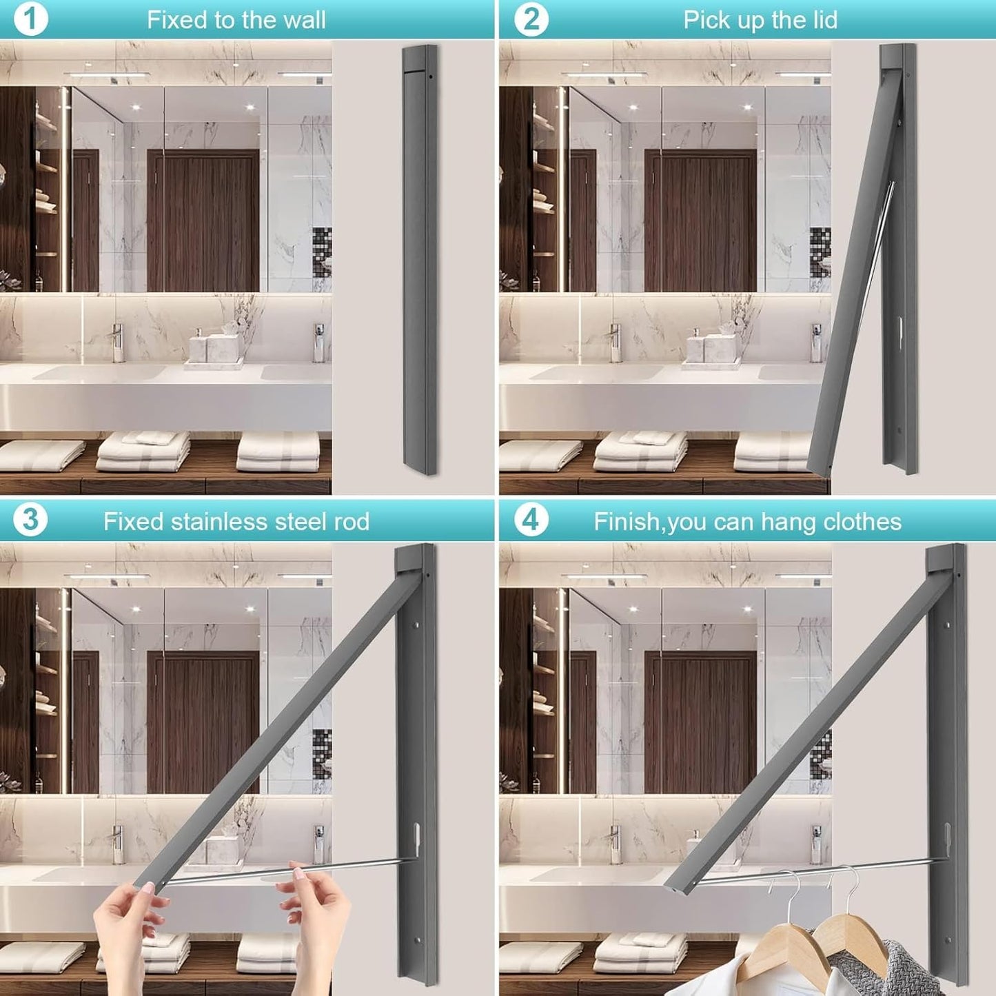 Wall Mounted Drying Rack - No Drill Installation, Space Saving Foldable Clothes Rack for Laundry Room, Dorm, Apartment,RV, Closet. Heavy Duty & Rustproof Aluminum Alloy (Gray)