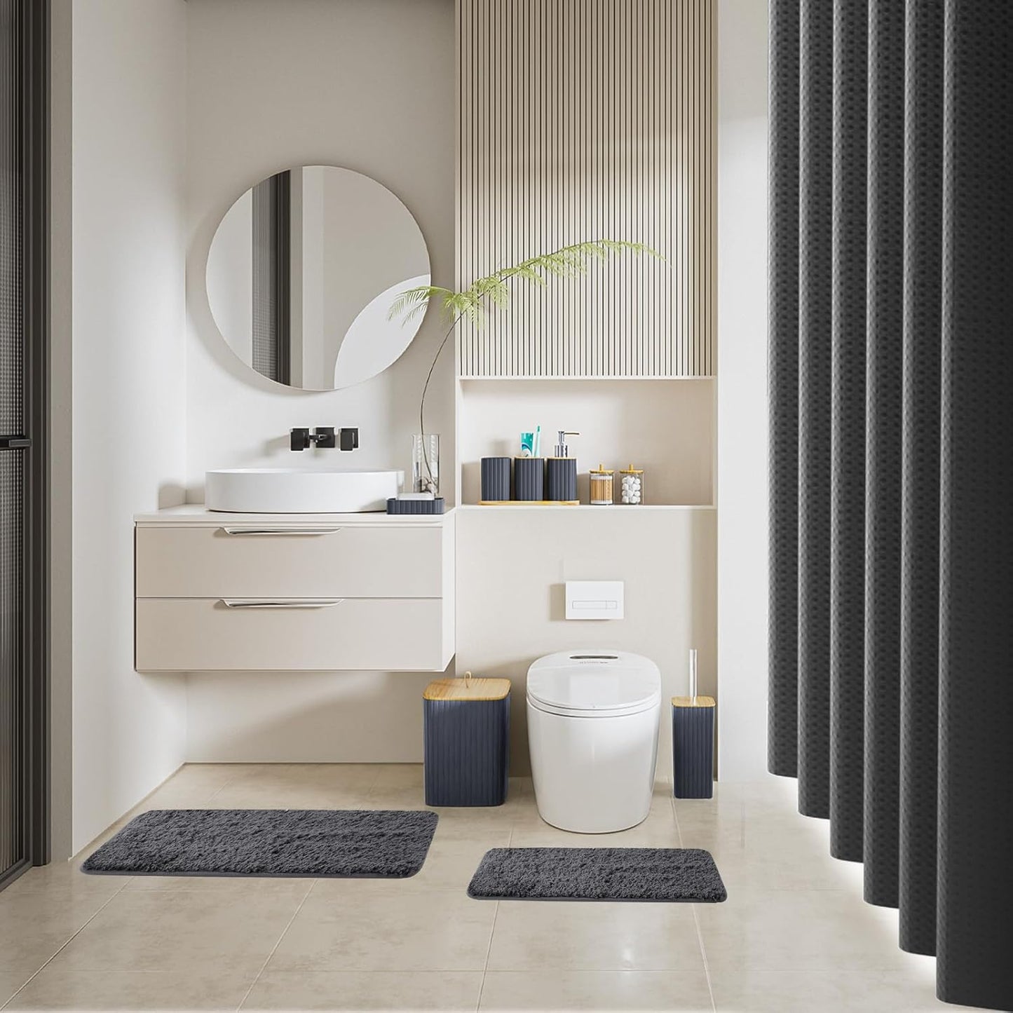 Bathroom Accessories Set - 24PCS Bathroom Set with Shower Curtain and Rugs, Trash Can, Toilet Brush Holder Set & Soap Dispenser – Stylish & Functional Bath Decor for Home, Apartment, Grey