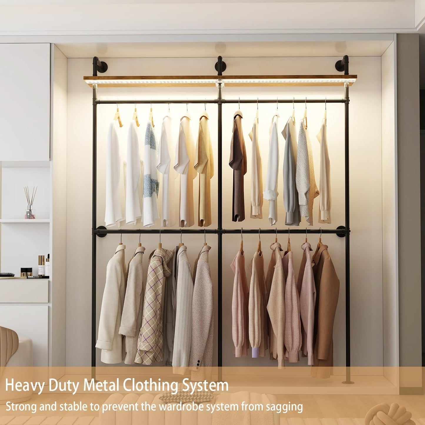 Industrial Pipe Clothing Racks with Shelves & LED Lights, 79" Wall Mounted Clothes Rack for Hanging Clothes, Heavy Duty Industrial Pipe Shelving for Walk-in Closet Storage, Black