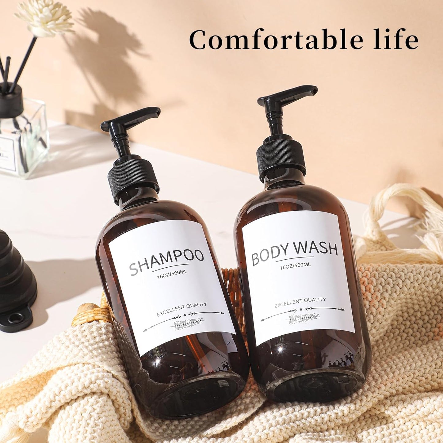 Stylish Shampoo Bottles Refillable with Pump,(5Pack) Amber Shampoo and Conditioner Dispenser,Shampoo Bottles with 8pcs Lables
