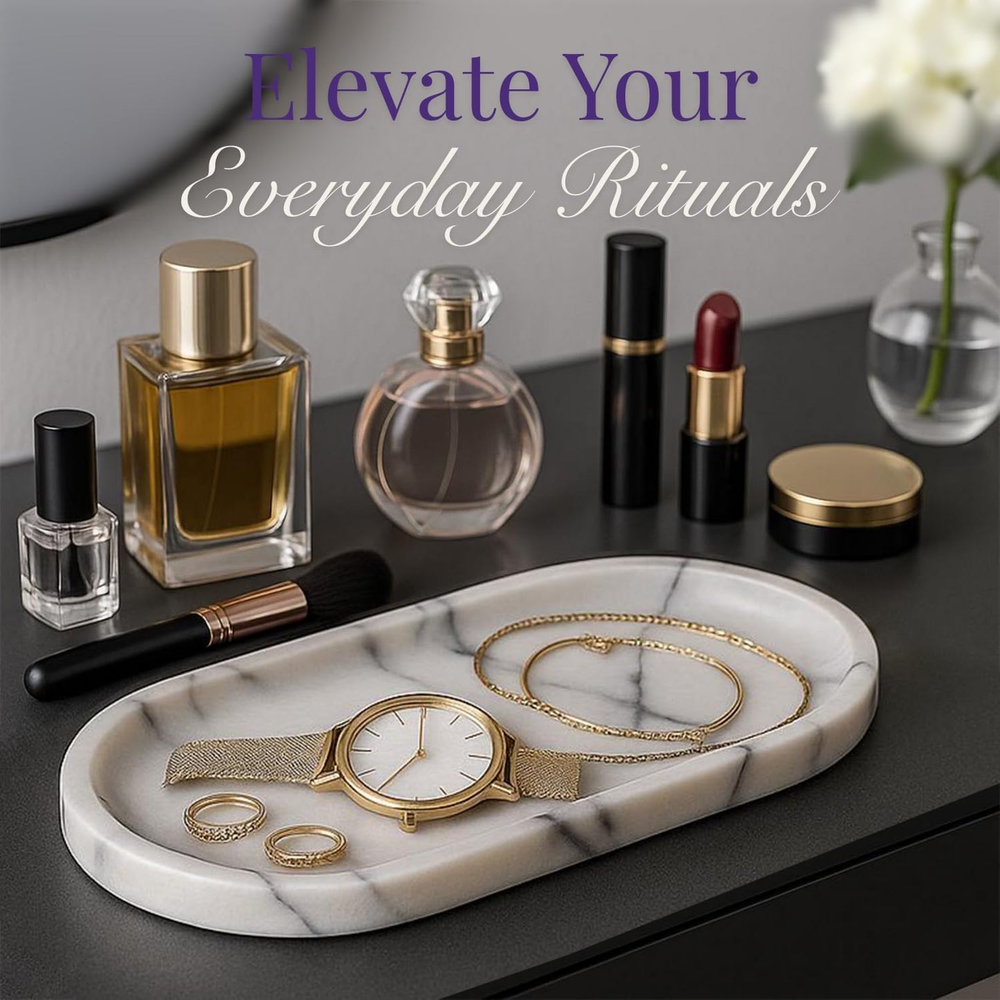 Handcrafted Marble Tray – Bathroom Counter Organizer, Jewelry Tray, Perfume Organizer & Decorative Tray for Vanity Accessories, Coffee Table Decor & Bathroom Countertop (Oval, Leilac)