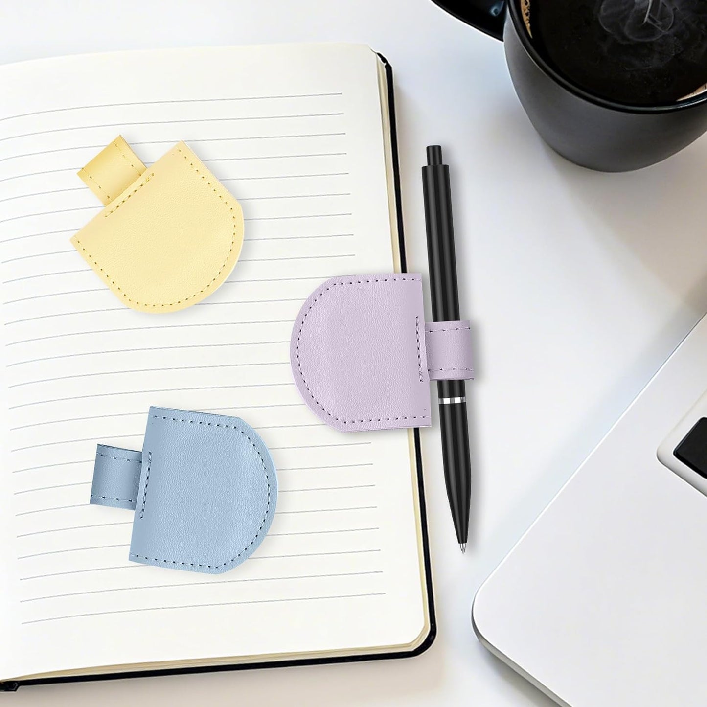Magnetic Pen Loop Holder, Pencil Holder for Notebooks, Journals, Calendars, PU Leather 3 Pack