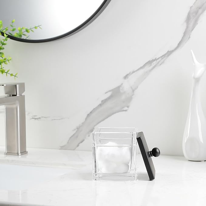 Clear Transparent Hotel Style Apothecary Tempered Glass Canister Jar W/ Matte Black Metal Lid Cover, Classic Countertop Organizer for Cotton balls/pads, Floss Picks, Makeup Storage