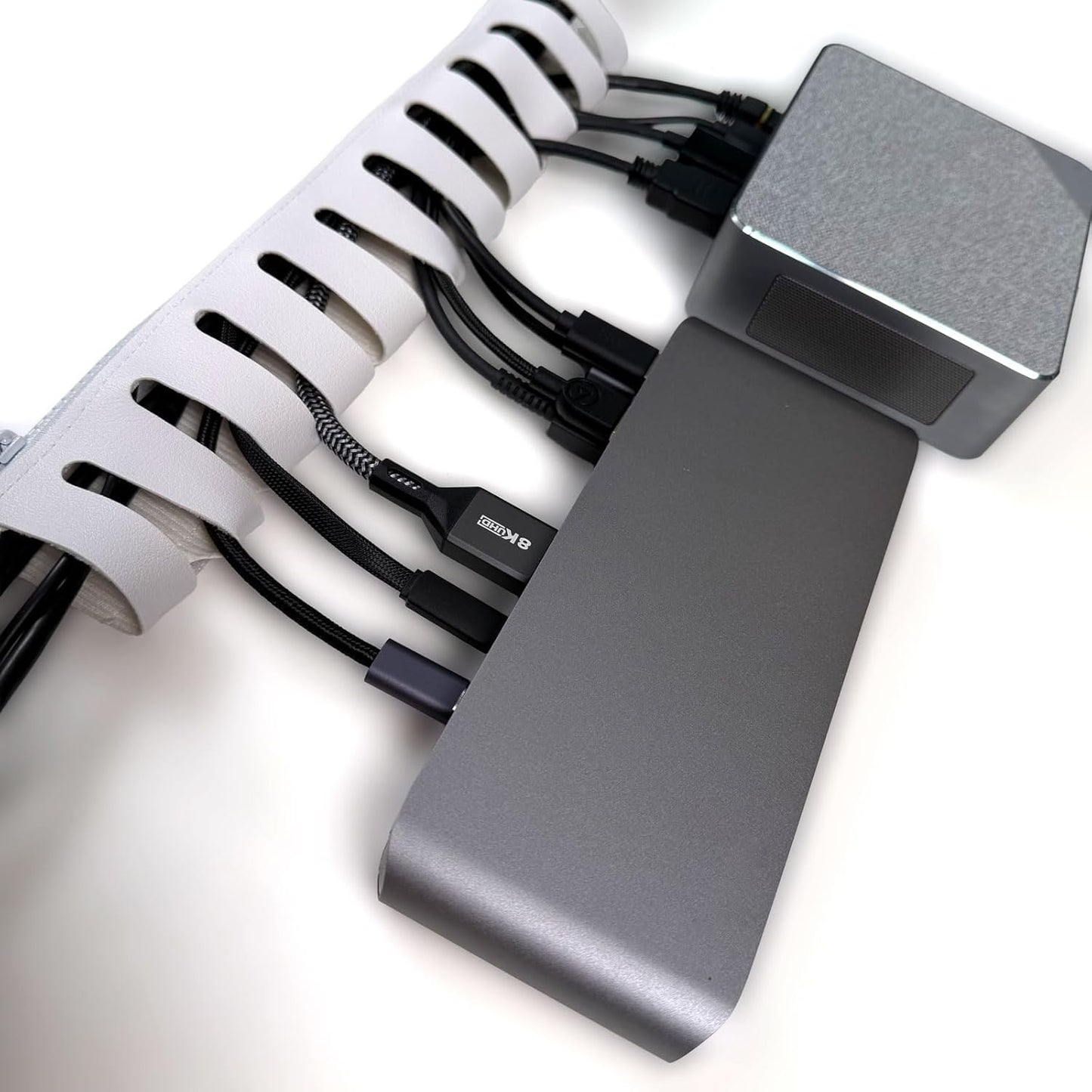 Under Desk Cable Organizer 2-Pack – PU Leather, Zipper Closure with 10 Cable Slots, Tool-Free Mount, Connectable Design for Home and Office Wire Management (White)