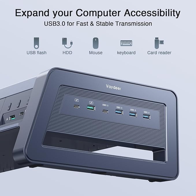 Vaydeer All-in-One Dual Monitor Stand Riser with 2 Drawers, 8USB Ports and Wireless Charging Pad with LED Light Strip for 2 Monitors , Desk Organizer for PC, iMac (Metal, 39.3 inches)-White