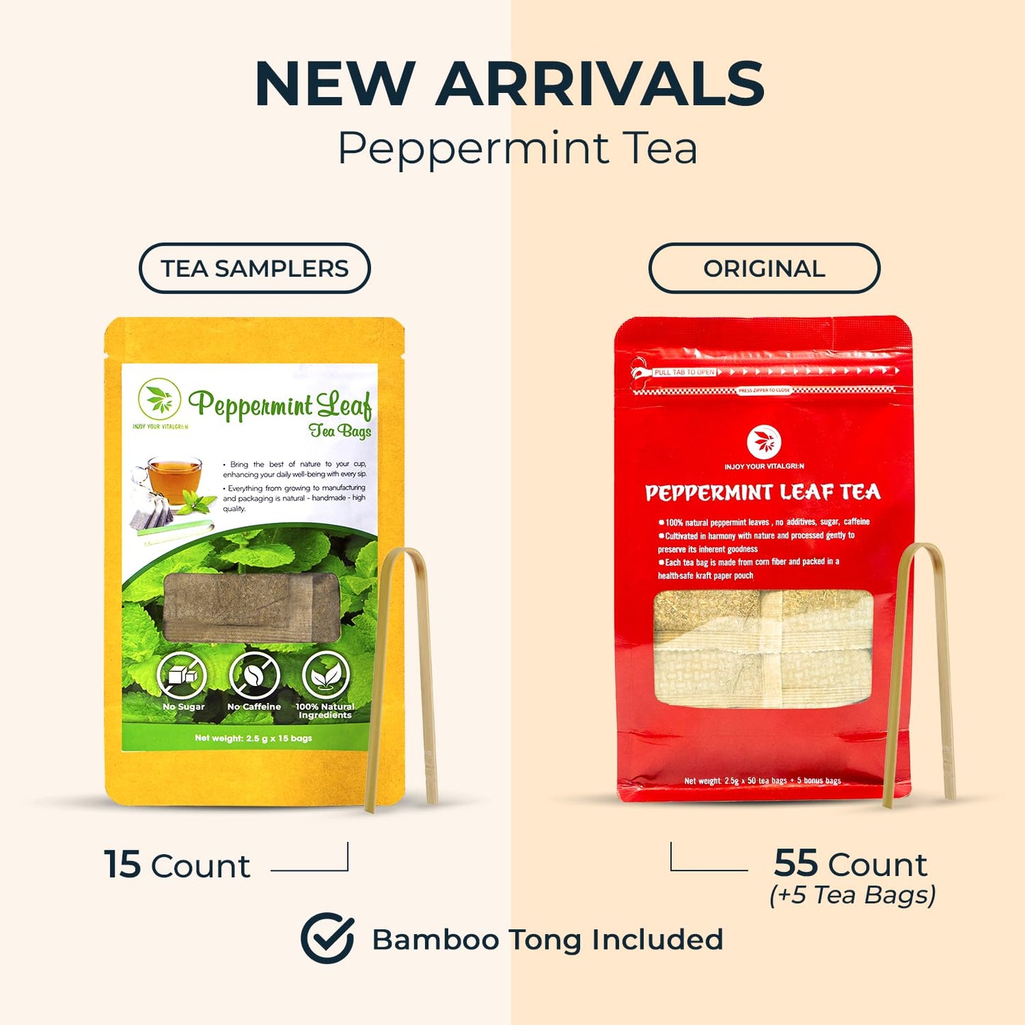 Peppermint Tea Bags - 15 Count, Mini Tea Samplers, Bamboo Tong Included, Re-Steep Herbal Tea, Cool Fresh Breath, Warm Heat, Stomach Relief, Relax, Support