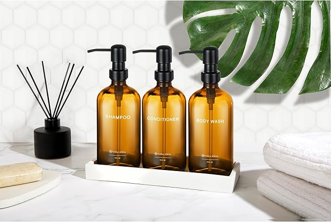 Amber Glass Shampoo and Conditioner Dispenser Set – Refillable 16 OZ Bottles with Pump, Concrete Tray Included – Modern Bathroom Organization