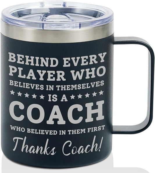 Onebttl Coach Gifts, Funny Gift Idea for Appreciation, Christmas, Birthday, 12oz Stainless Steel Insulated Travel Coffee Mug - Thanks Coach, Black, BS-COACH-MUG12-BELIEVE
