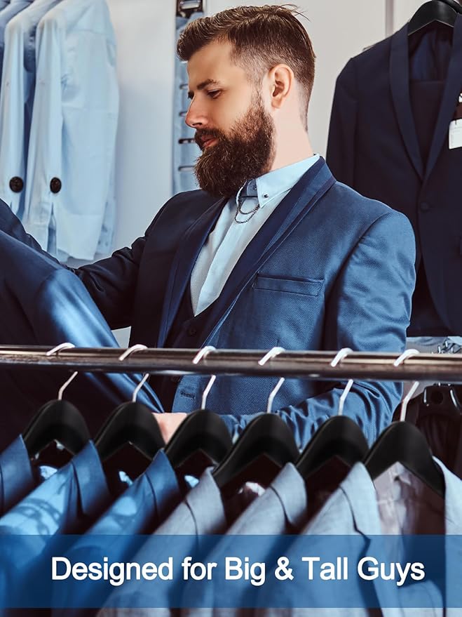 HOUSE DAY 19'' Extra Wide Shoulder Wooden Hangers 6 Pack, Premium Large Wood Suit Hangers with Non Slip Pant Holder, Wide Shoulder Hangers for Suits, Coats, Jackets, Heavy Wide Clothes Hanger, Black