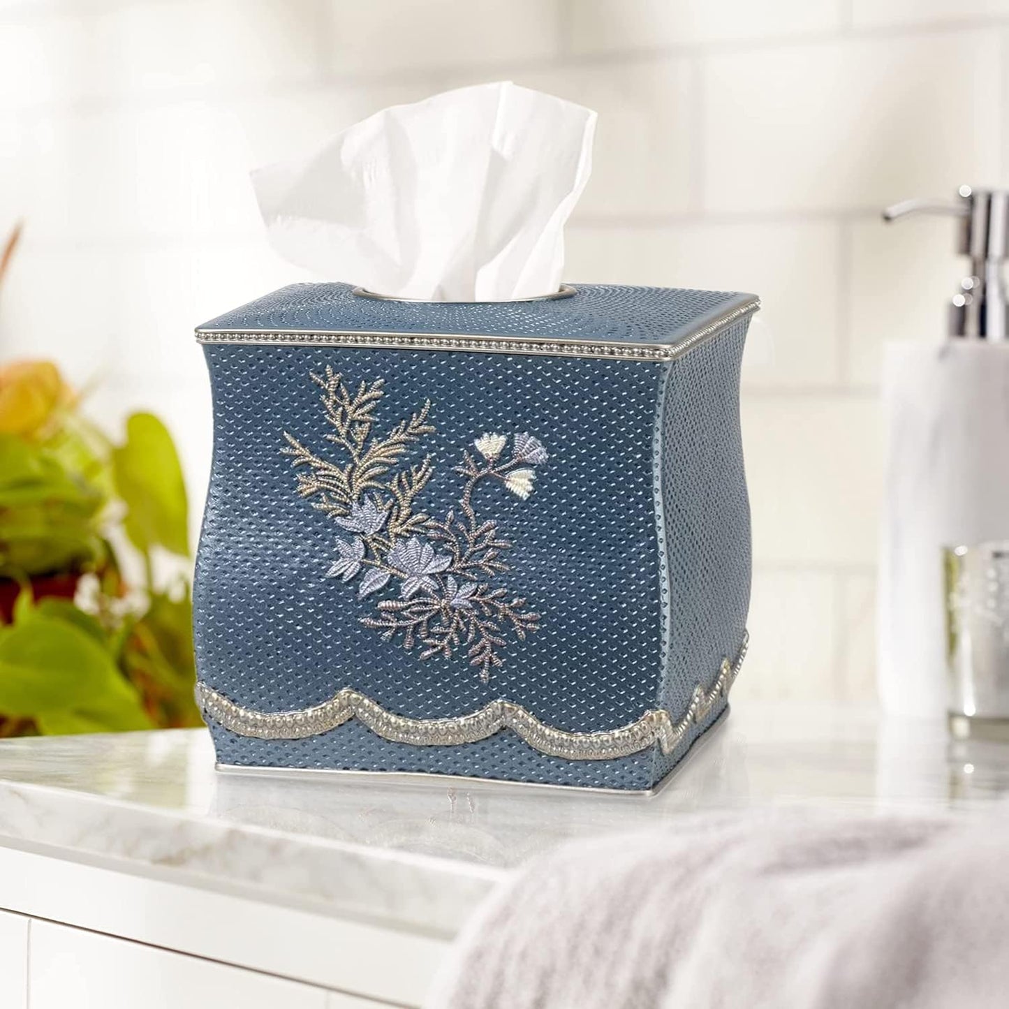 Zahari Home 2pc Capri Bathroom Decor Set Waste Basket for Bathroom & Tissue Cover Modern Classic Decor Stylish Unique Design Beautiful Royal Blue Bathroom Accessories Set