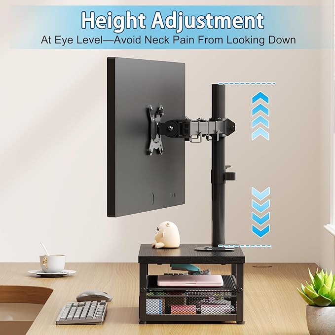 Dual Monitor Stand with Desk Organizer, Heavy Duty VESA Dual Monitor Arm Mount for 13″-27″ Computer Screens, Free-Standing Monitor Arms for Home Office/Gaming, Adjustable Height Angle, Loads 20Lbs/Arm