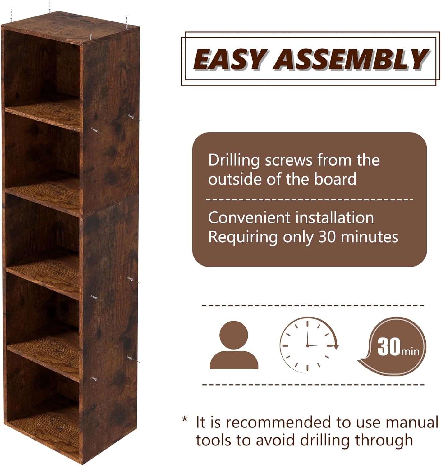 Wooden 5 Cube Storage Organizer, 5 Tier Storage Cubes Storage Display Cubby, 52 Inch Tall Versatile Cubes Shelf and Cubby Organizer for Any Space (Retro Brown, 5 Cube-W(11.8inch)