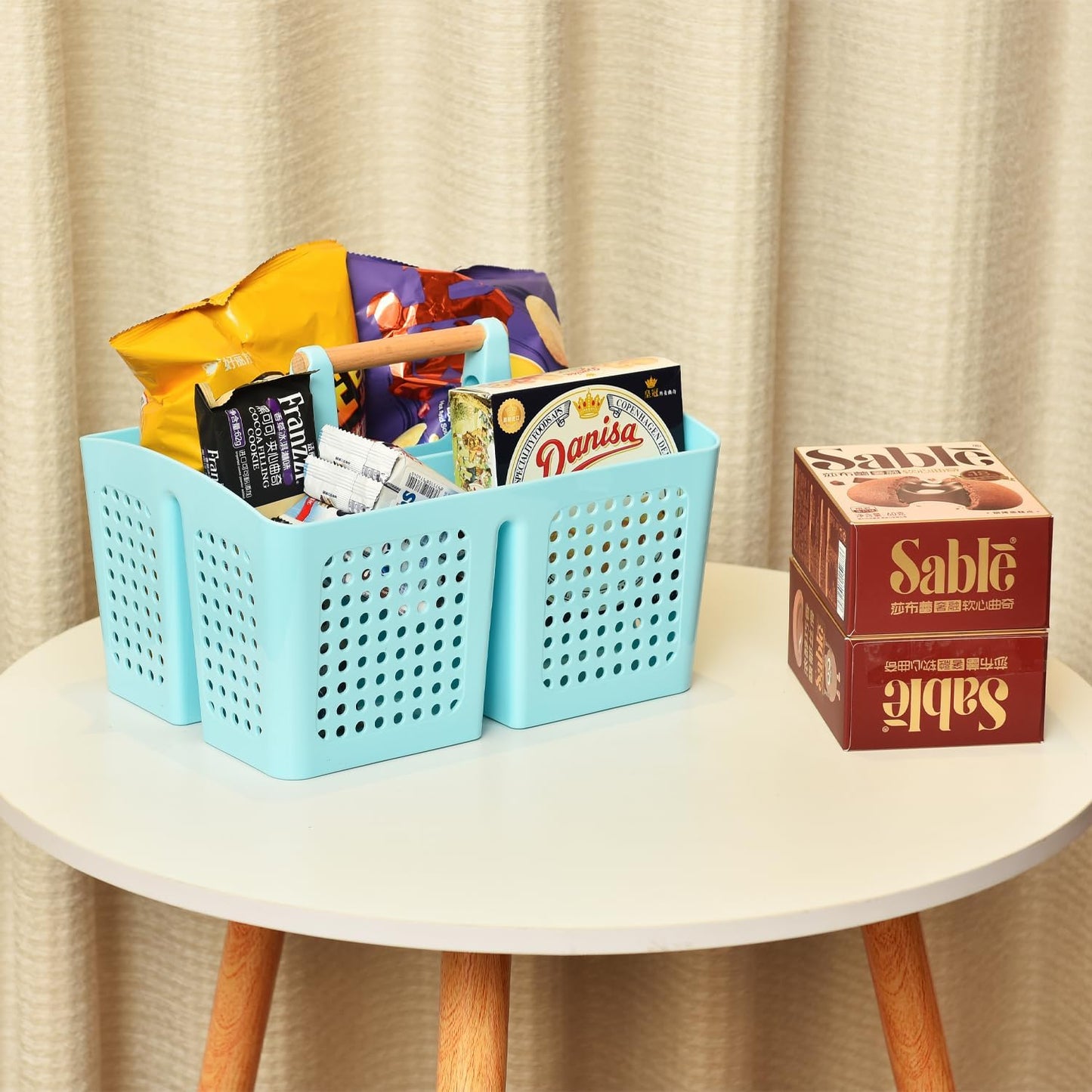 Portable Shower Caddy Basket with Compartments, Plastic Divided Cleaning Caddy Organizer Storage Tote with Handle for Bathroom, College, Dorm Room Essentials, Light Blue