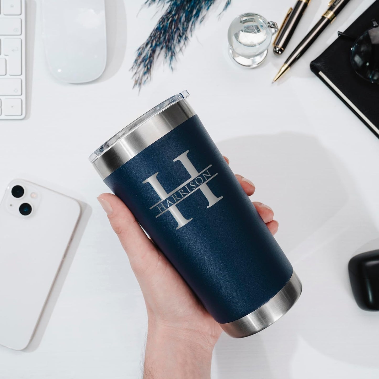 Personalized Tumbler with Engraved Name - 12 Designs, 30 Oz Coffee Tumbler with Slider Lid, Navy Blue, Double Wall Insulated - Custom Gifts for Men & Women