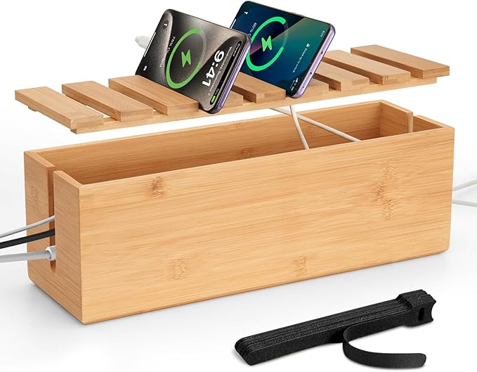 Extra Large Cable Management Box, Bamboo Cable Organizer Storage and Power Strip Box for Electrical Cord Management, Cord Hider Boxs Shelf for Desktop Home Office Kitchen