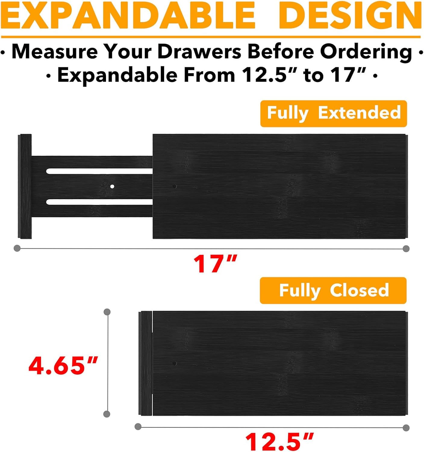 SpaceAid Bamboo 4 Pack Dresser Drawer Dividers, 4.65“ High Adjustable 12.5“-17” Drawer Organizers, Expandable Organization for Clothing, Clothes, Dressers, Black