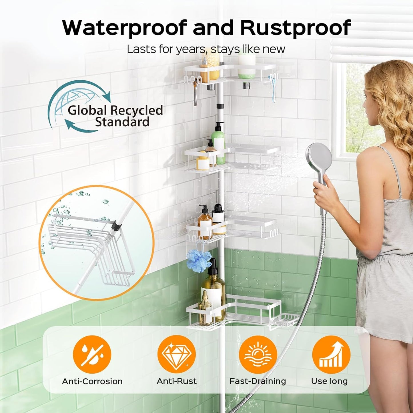 HAMITOR Corner Shower Caddy White: 4-Tier Rustproof Bathroom Bathtub Organizer Shelf with Soap Holder & Hooks - No-Drill Adjustable Standing Tension Pole Rack for Apartment Renters - 47-123 Inch