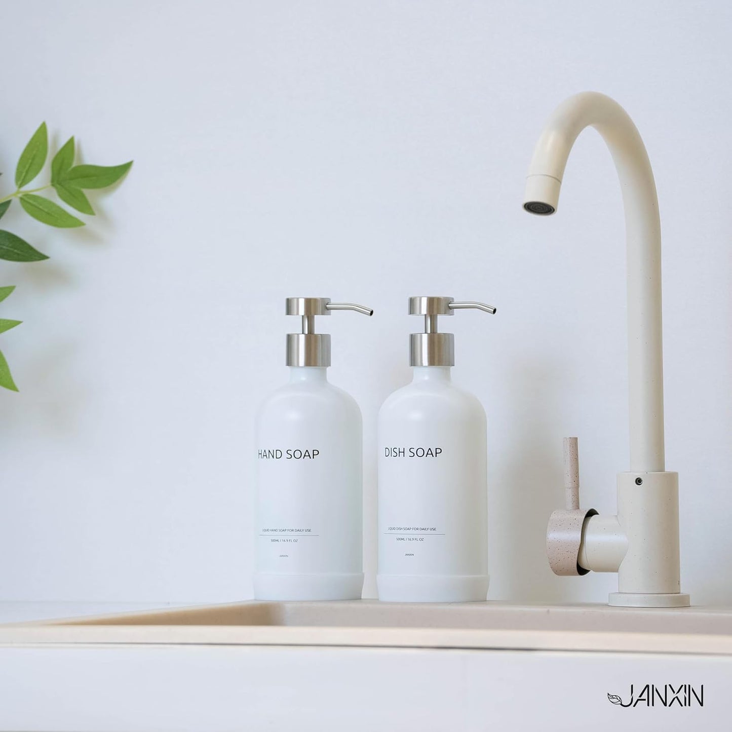 Kitchen Soap Dispenser Set with Non-Slip Protective Silicone Pad,Hand Soap Dispenser for Kitchen and Bathroom Decor, White and Silver Kitchen Accessories (White Bottles + Silver Pumps)