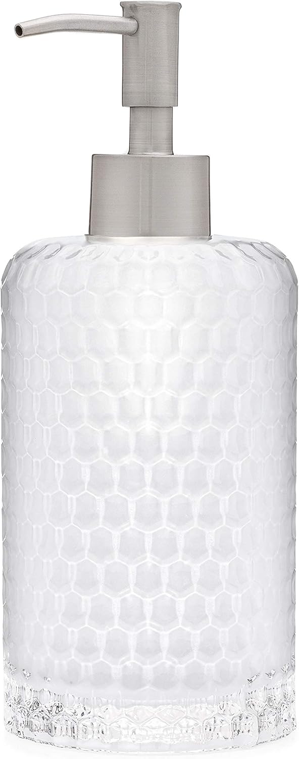 Rail19 Frosted Milk + Honey Glass Soap Dispenser | Vintage-Inspired Modern Refillable Soap & Lotion Pump Bottle for Bathroom Vanity Countertop and Kitchen, 12oz (Stainless Rustic)