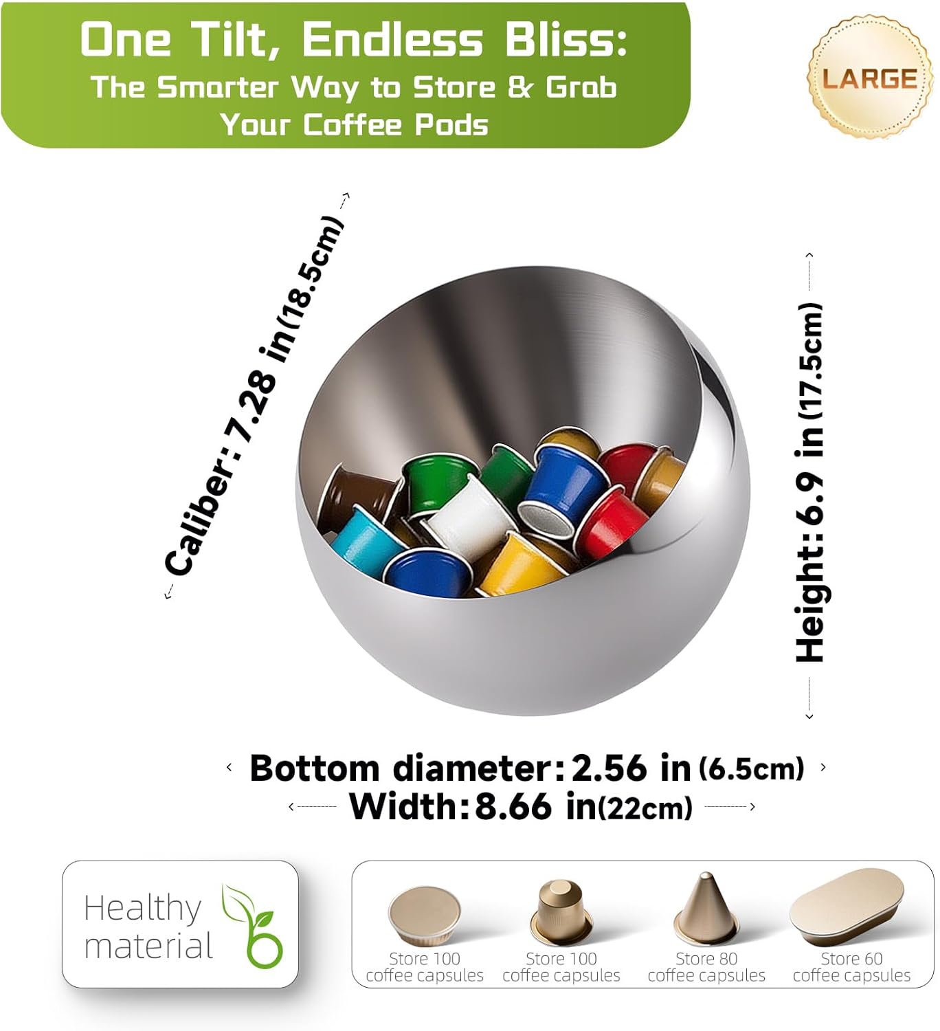 Large Capacity Coffee Pod Holder – Stainless Steel Pod Organizer and Holder | Stylish Coffee Bar Accessories & Countertop Storage (Silver, L)