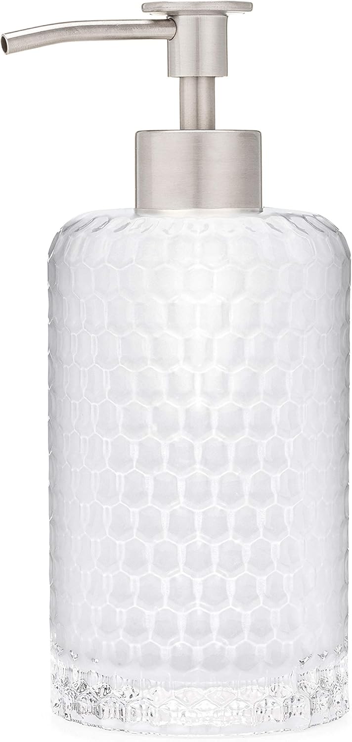 Rail19 Frosted Milk + Honey Glass Soap Dispenser | Vintage-Inspired Modern Refillable Soap & Lotion Pump Bottle for Bathroom Vanity Countertop and Kitchen, 12oz (Luxe Stainless)