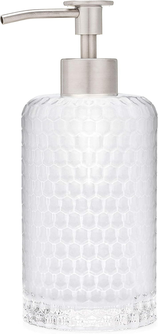 Rail19 Frosted Milk + Honey Glass Soap Dispenser | Vintage-Inspired Modern Refillable Soap & Lotion Pump Bottle for Bathroom Vanity Countertop and Kitchen, 12oz (Luxe Stainless)